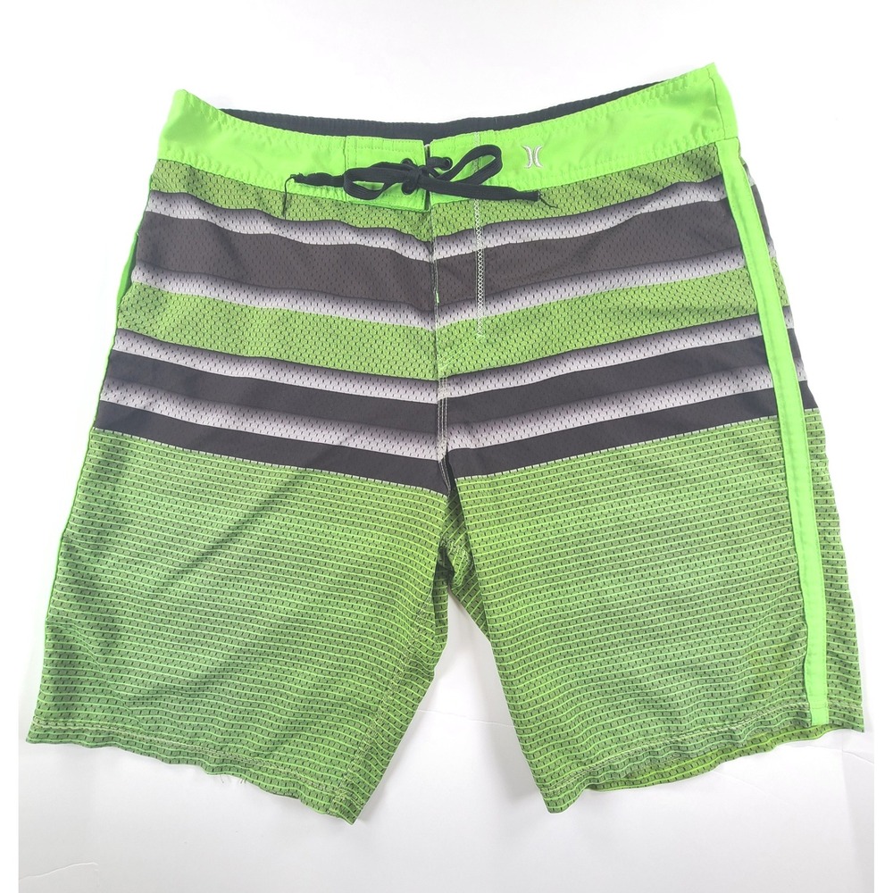 Hurley Swim Trunks Shorts Men XL Green Black Striped Mesh Surf Wear Summer Beach